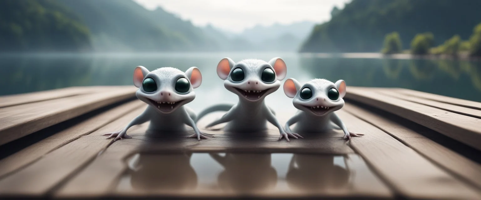 close up on huge dented glowing ghost transparent rat baby snakes into smiling in fast boat with googly eyes, raised by ninja necromancer in the wild, on wooden bridge by lake in surreal reflecting stone chrome landscape, background motion blur, volume light fog, rays, 4d maze