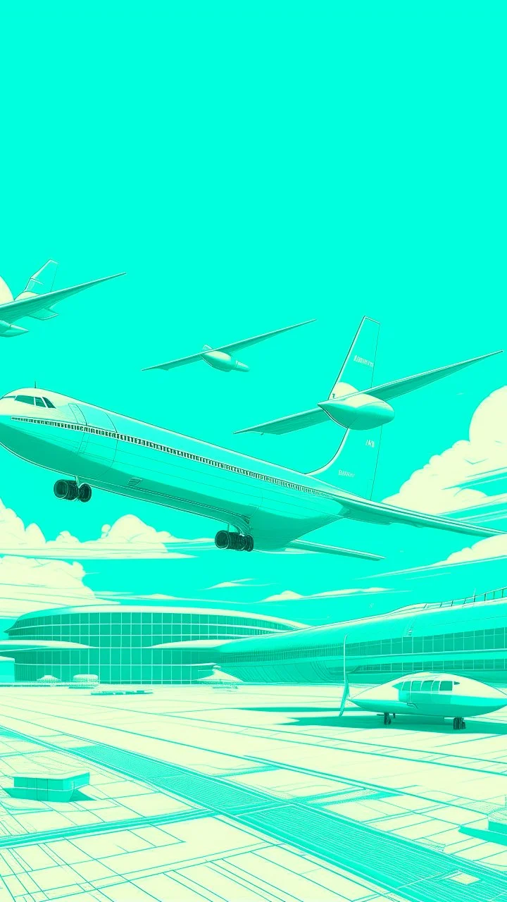A turquoise airport with jets in Neoclassism art style