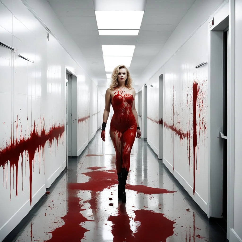 curvy temptress barbarella: white hallway of a hospital where she is covered in blood. The view is shocking, with parts of bodies scattered everywhere. The woman, with her eerie appearance and determined posture, conveys a sense of determination and strength in a context of destruction and desolation. The contrast between her blood-stained figure and the clinical environment of the corridor creates a powerful visual impact, hinting at a story filled with violence and conflict. Her presence, amid