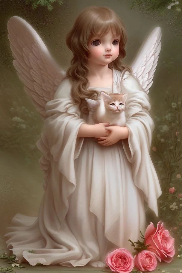 general view: a very small and delicate charming one-year-old angel with a perfect face with straight brown hair from heaven sits in the garden on a blanket of cut roses and holds a red rose flower without a branch, in front of her liesa large fluffy gray cat, jean baptiste monge style, without inscriptions, logos and extraneous stamps, there should be no extra fingers and toes, don't make your cheeks scarlet red elegant fantasy photorealistic beautiful ultra detailed cinematic postprocessin