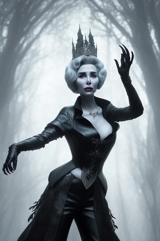 Constance Langdon as evil queen in black leather, leather, busty, cleavage, angry, stern look. character design by cory loftis, fenghua zhong, ryohei hase, ismail inceoglu and ruan jia. unreal engine 5, artistic lighting, highly detailed, photorealistic, fantasy