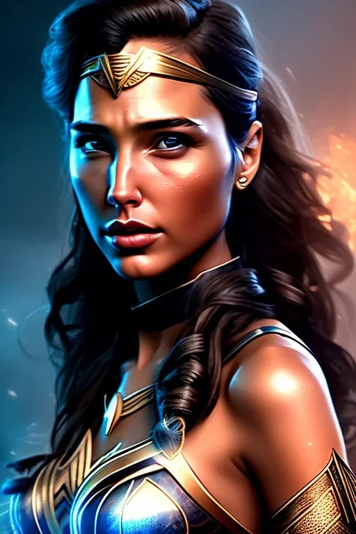 perfect gal gadot face, blue na'vi warrior, intricate, fullbody, highly detailed face, highly realistic particles, fog, fire