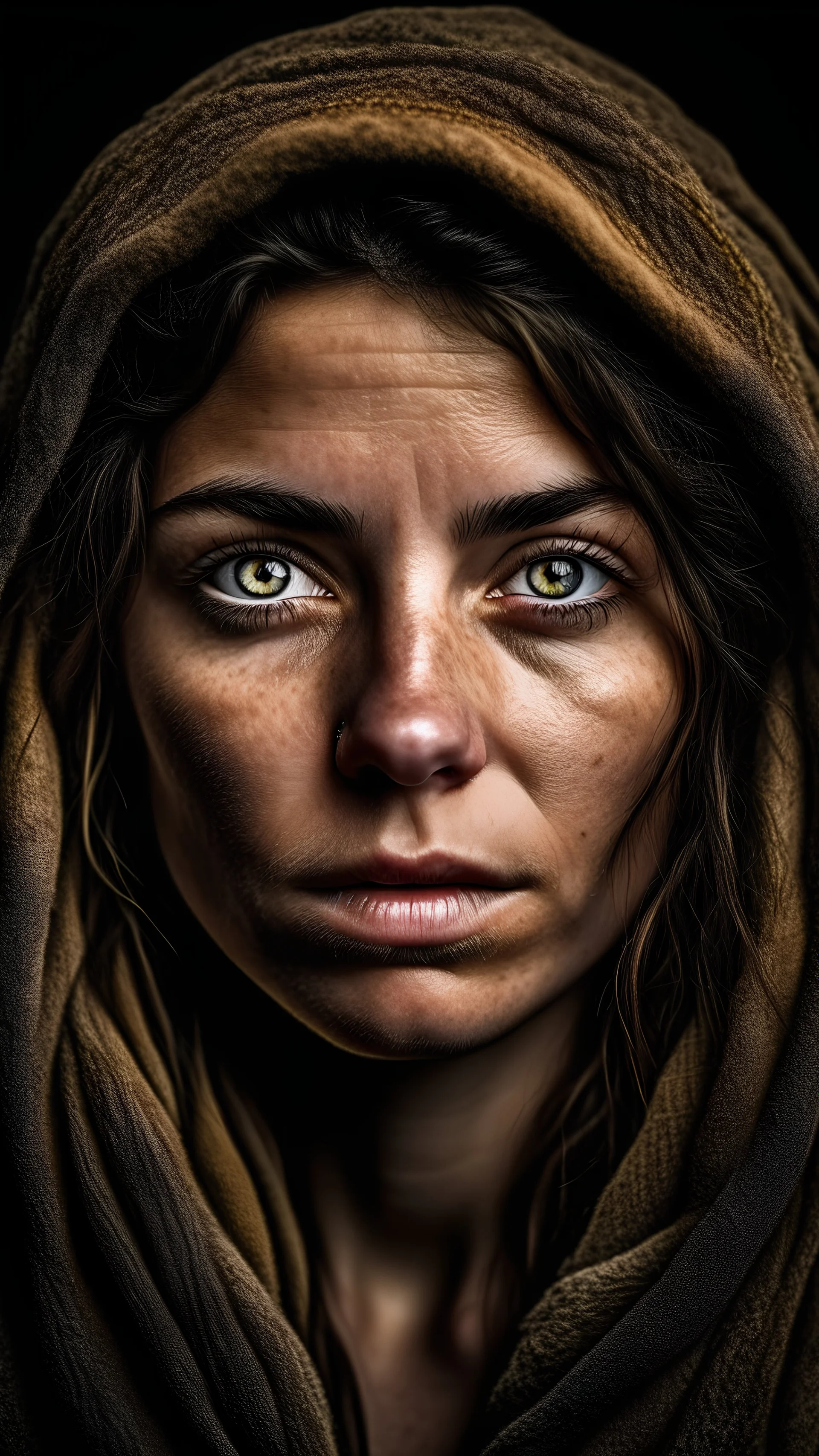 a photorealistic portrait of a stunningly beautiful woman without make-up, extremely detailed light hazel eyes, detailed symmetric realistic face, natural skin texture, extremely detailed skin with skin pores, peach fuzz, messy hair, wearing shawl over her head, masterpiece, absurdres, award winning photo by lee jeffries, nikon d850 film stock photograph, kodak portra 400 camera f1.6 lens, extremely detailed, amazing, fine detail, rich colors, hyper realistic lifelike texture, dramatic lighting,