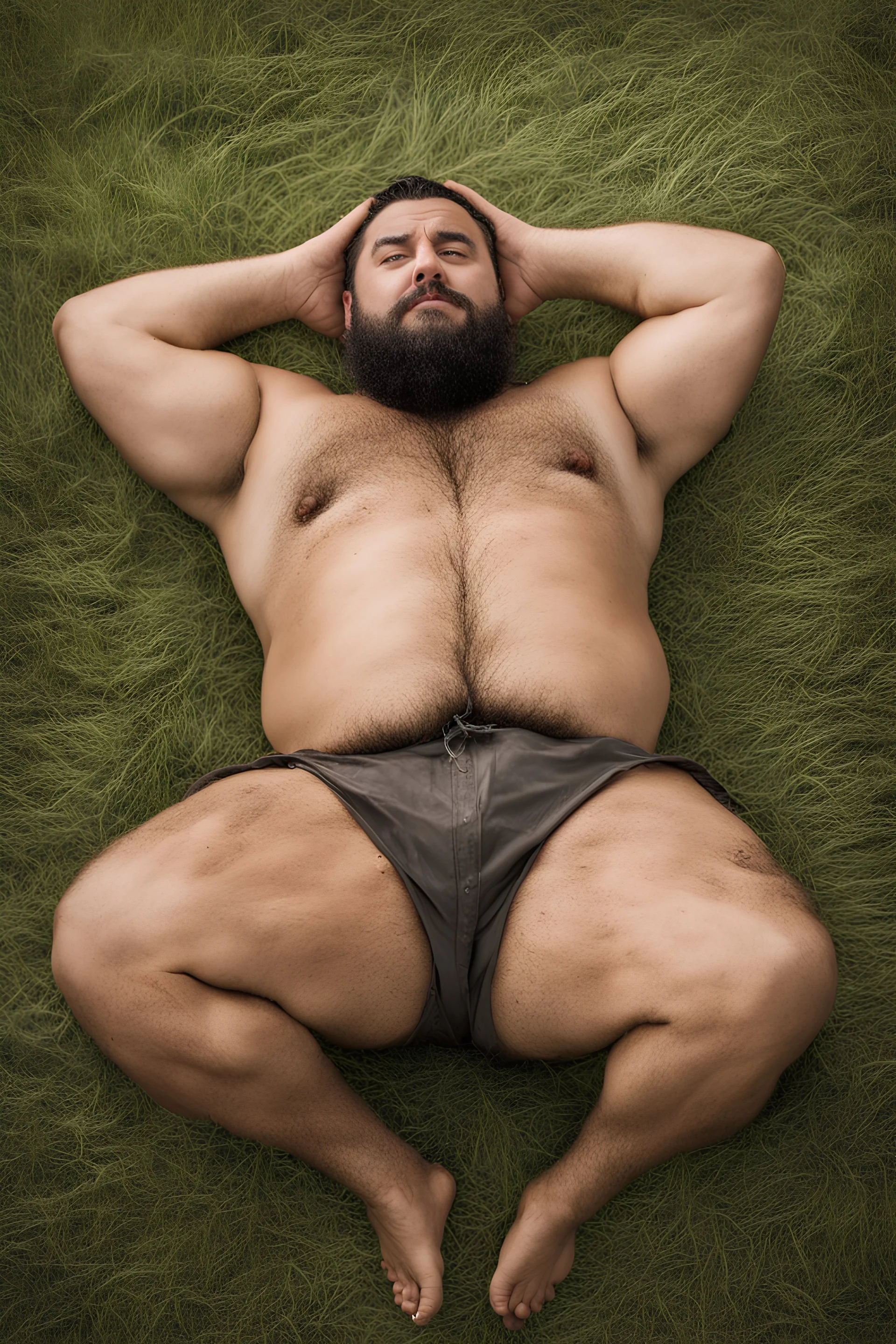 aerial top view half figure shot photography of an ugly 32 year old chubby robust burly turkish carpenter , relaxing in the meadow, , hands behind the head , wearing bulging shorts, shirtless, hairy chest, manly chest, manly legs, serious, very virile, short beard, shaved hair, under the rain, wet, in a rainy day, photorealistic