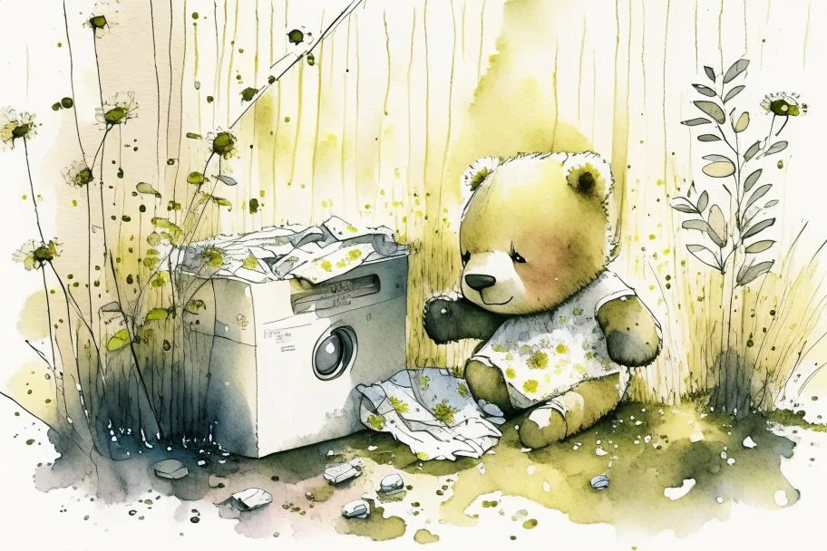 close-up of a cute chibi teddy bear packing piles of white clothes in the forest, laundry machine, grass and flowers next to him, melting watercolour and black ink outlines on wet paper, photorealistic, golden glitters S<AI in sunshine, ethereal, cinematic postprocessing