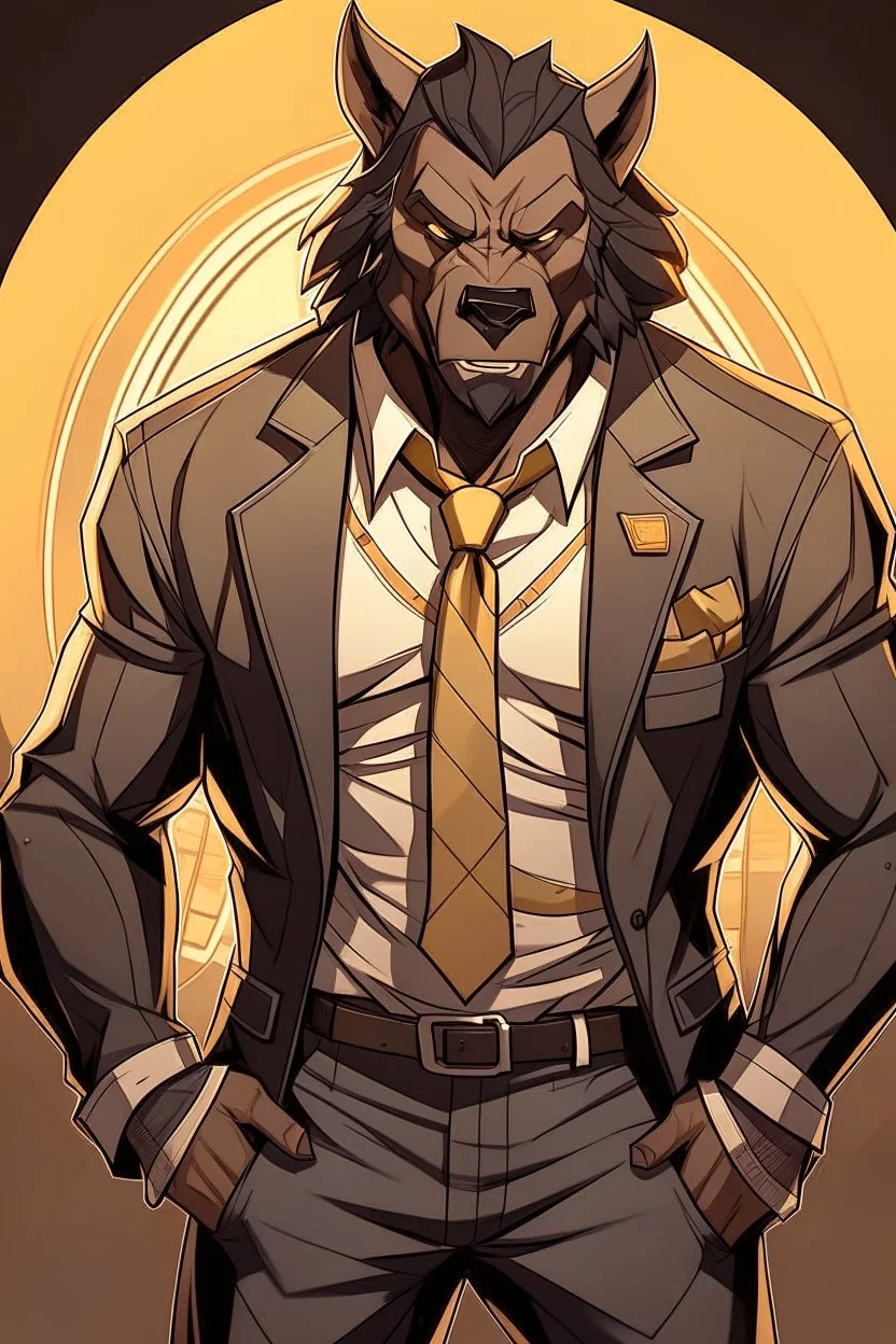 Buff, anthro, wolf, himbo, black fur, gold eyes, wearing a suit, full-body, muscles, strong, muscular, man boobs, bulky, tail, dark fur, smug grin, hands on hips, furry-himbo, broad shoulders, wide hips, big chest, big muscles,