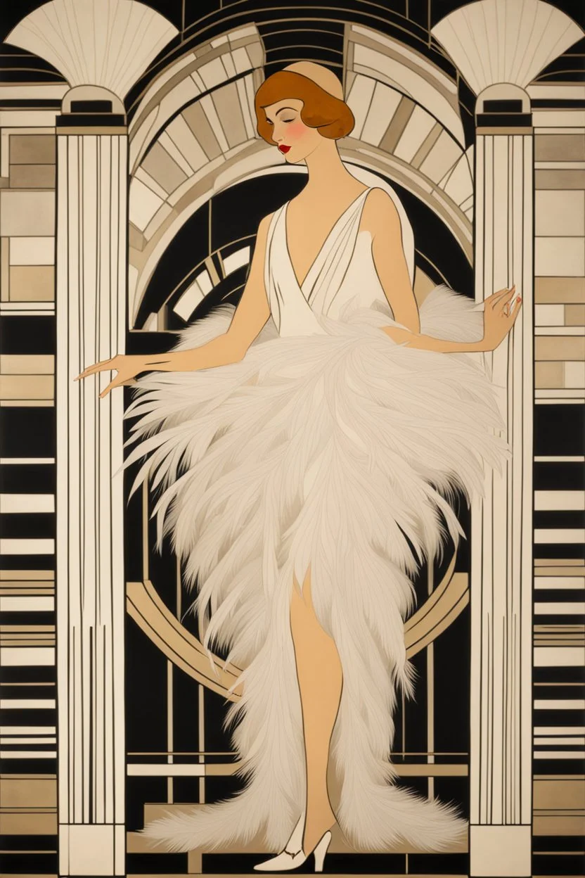 a woman with feathers in an Art Deco foyer by artist "Romain de Tirtoff"