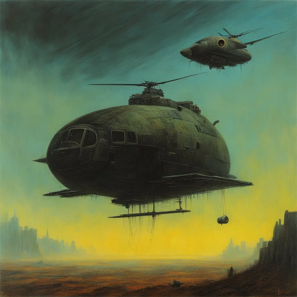 [art by Zdzisław Beksiński] helicopterus alien with a lot of mini guns