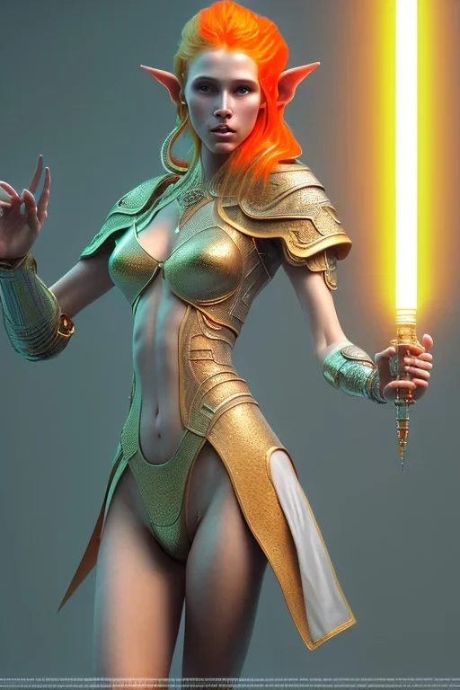 painting of a tall elven young woman with short light orange hair and freckles on the cheak bones and tall body of a topmodel light clothes, full shot, ultra realistic, concept art, intricate details, eerie, highly detailed, photorealistic, octane render, 8 k, unreal engine. art by artgerm and greg rutkowski and charlie bowater and magali villeneuve and alphonse mucha