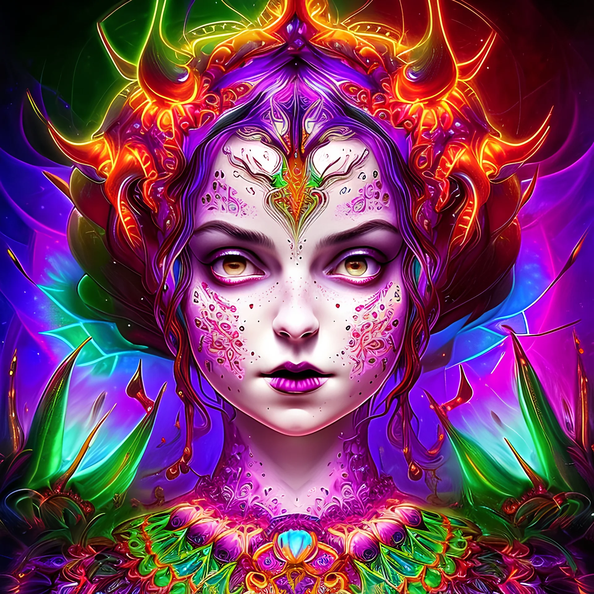 A vivid fractal mandala look Wednesday Addams face with purple electronic circuits, centered, symmetry, painted, intricate, volumetric lighting, beautiful, rich deep colors masterpiece, sharp focus, ultra detailed, in the style of Dan Mumford and Marc Simonetti, astrophotography