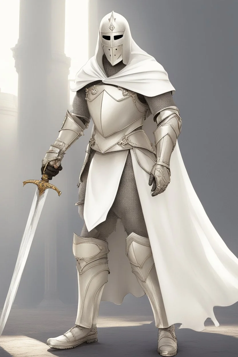 Knight wearing white robe armor and white cape with white mask, sword, and shield
