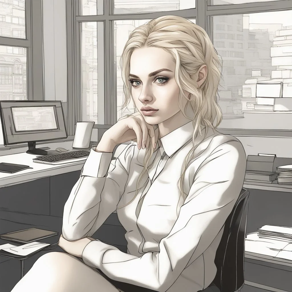 portrait photo of an 20 years old european blonde haired woman sitting in office, style \(artistic makeup with geometric lines\) , 8k, uhd, realistic, detailed skin, insane detailed, Illumination daylight,