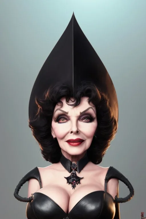 Joan Collins as evil queen in black leather, leather, busty, cleavage, angry, stern look. character design by cory loftis, fenghua zhong, ryohei hase, ismail inceoglu and ruan jia. unreal engine 5, artistic lighting, highly detailed, photorealistic, fantasy