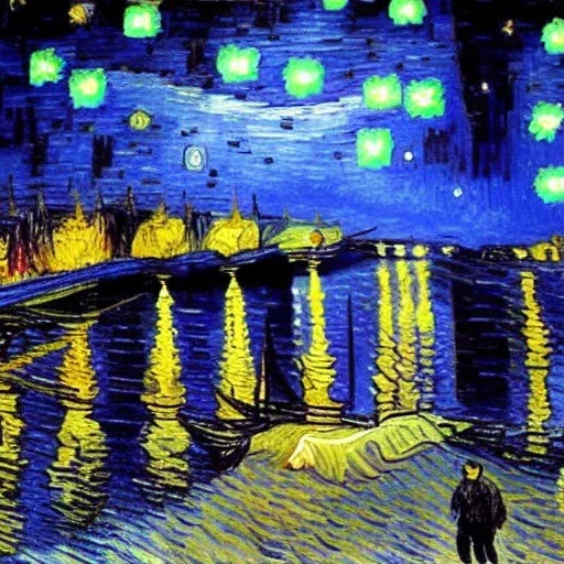 Drawing of a city at night Vincent van Gogh style