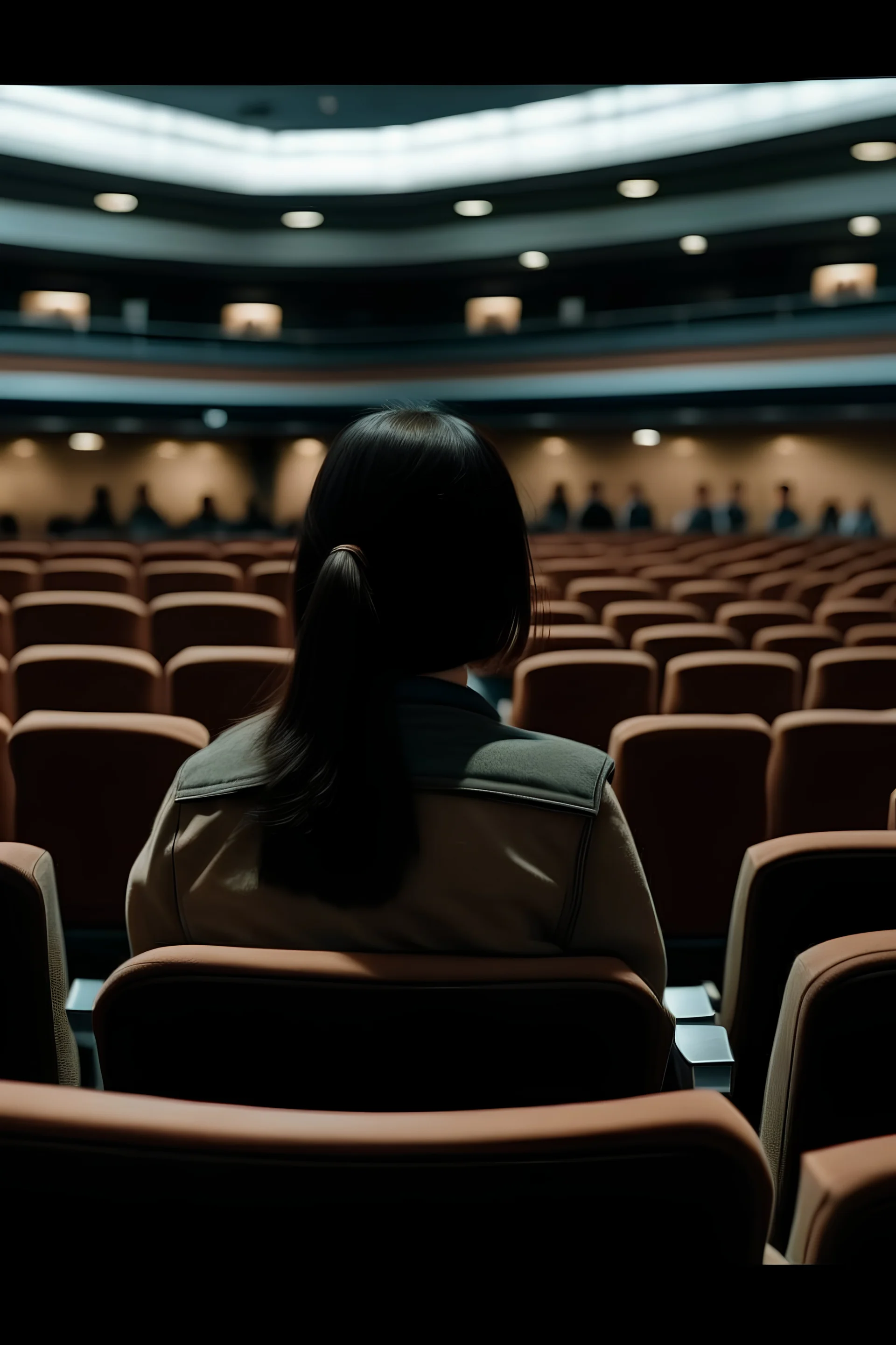 From the side, A person in a movie theatre looking at the camera beside them