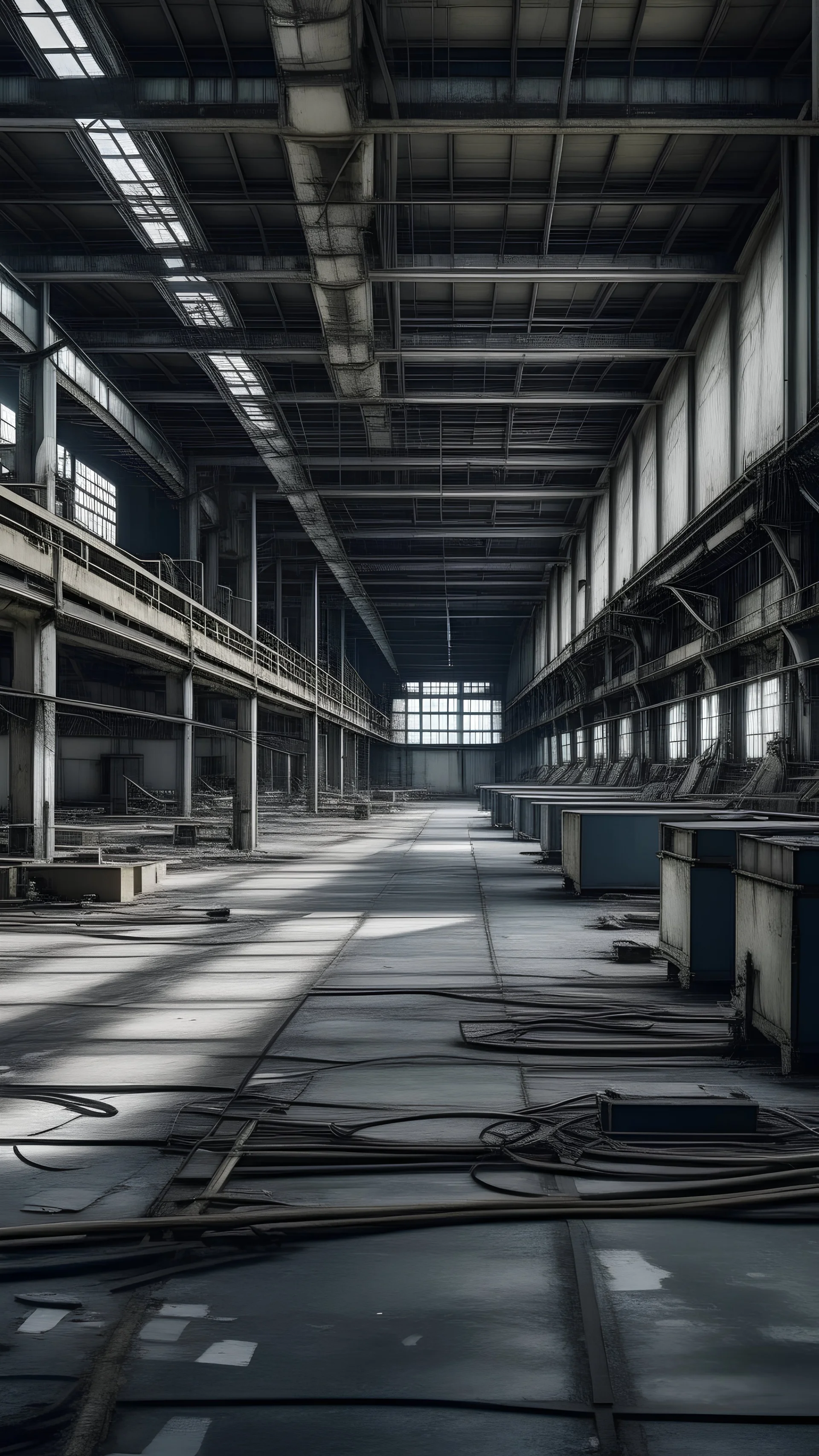 A deserted manufacturing plant with halted production lines.