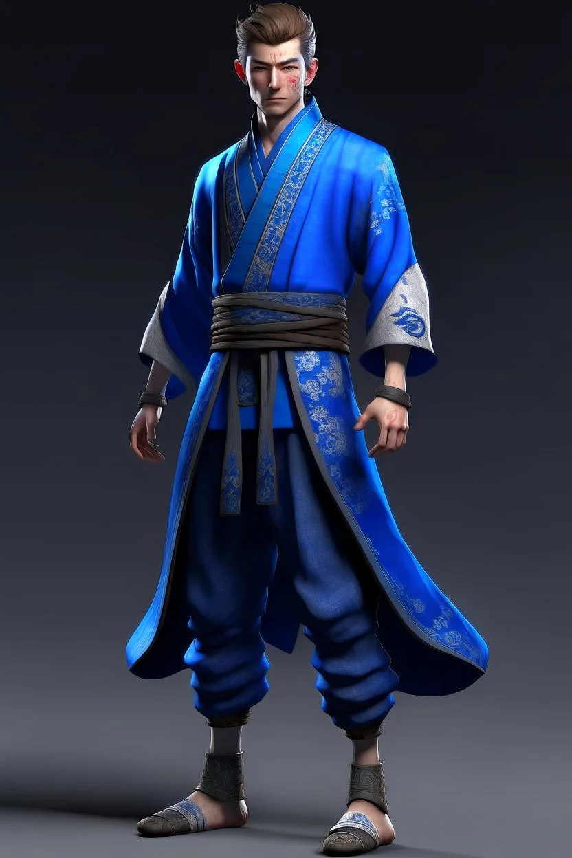 young human rogue in blue accented kimono with light boots full body