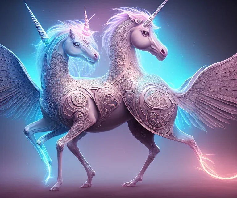 unicorn glowing, surreal fantasy art, highly detailed, intricate patterns on wings, soft studio lighting, smooth dark blue background 64k