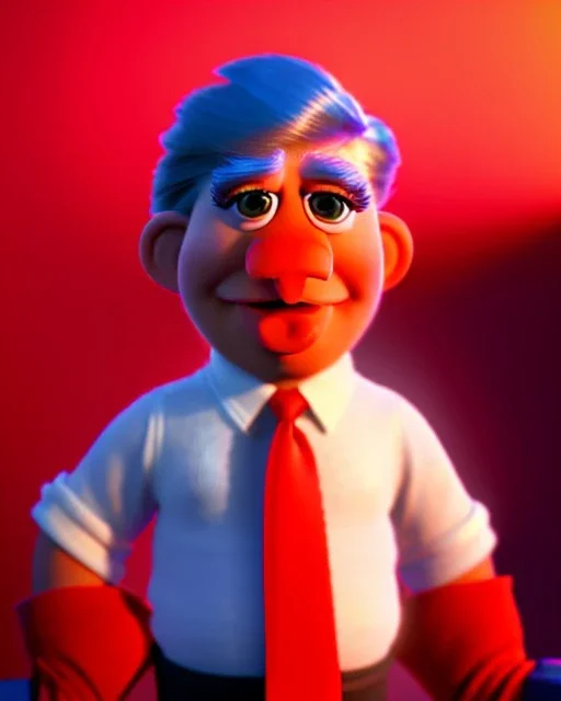 Waist up Portrait, Donald trump muppet, Wes Anderson style, photo studio, unreal engine 5, god lights, ray tracing, RTX, lumen lighting, ultra detail, volumetric lighting, 3d.