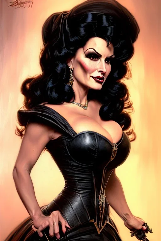 painting of lisa ann as evil queen in black leather gown, feminie, angry, stern look on her face, volouptous, busty, cleavage, emperious, mature, highly detailed, digital painting, artstation, concept art, smooth, sharp focus, illustration, art by gaston bussiere and alphonse mucha