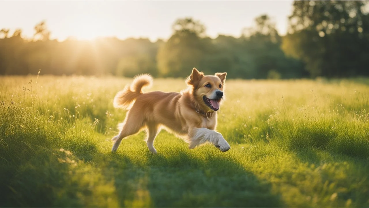 ((cheerful dog, running, grassy field), sunny, bright, (golden hour lighting), soft focus, vibrant colors), polaroid, photograph, professional photograph, (high resolution, cinematic composition, telephoto lens)