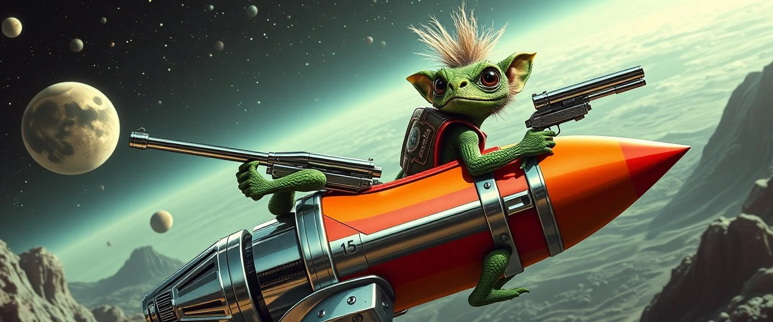 hairy macho cowboy gremlin lizard aliens with a chrome rocket backpack, living in a hi tech marvellous hot dog rocket with a mounted sling shot, heading for venus
