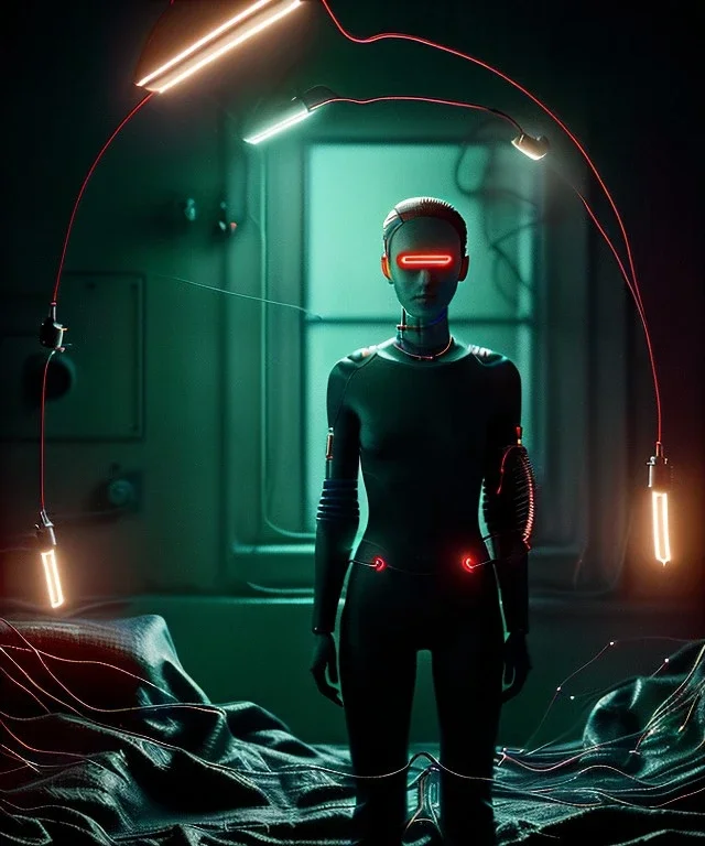 Ultra realistic photographic night portrait, cinematic, brunette woman, <hanging wires> <retro monitor> many wires coming out of the head <perfect pupil> <cyborg arm> <garage> <wide angle Shot> <sci-fi futuristic> <thriller>, led lights, color fog, soft color, highly detailed, unreal engine 5, ray tracing, RTX, lumen lighting, ultra detail, volumetric lighting, high definition.