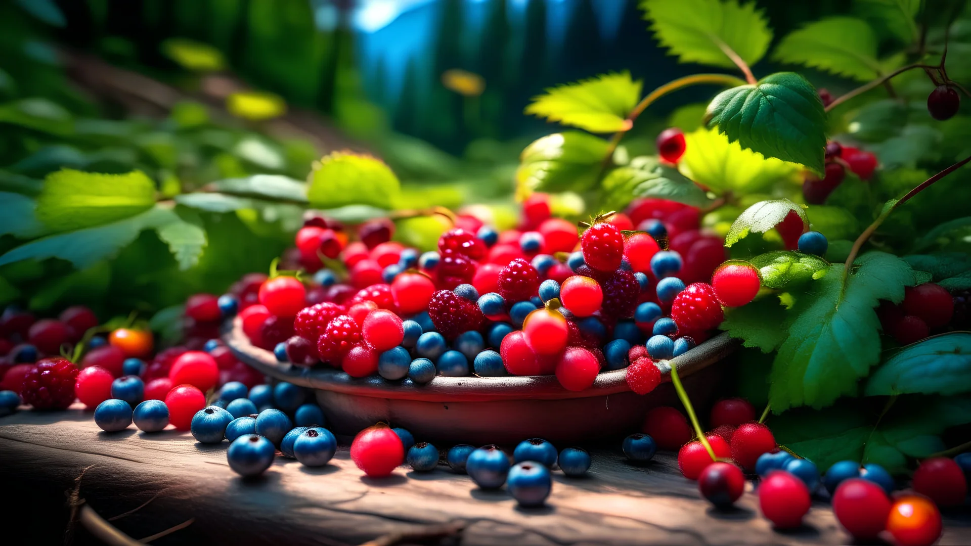 A summer picture with freshly picked forest berries (lingonberry, blueberry, raspberry)