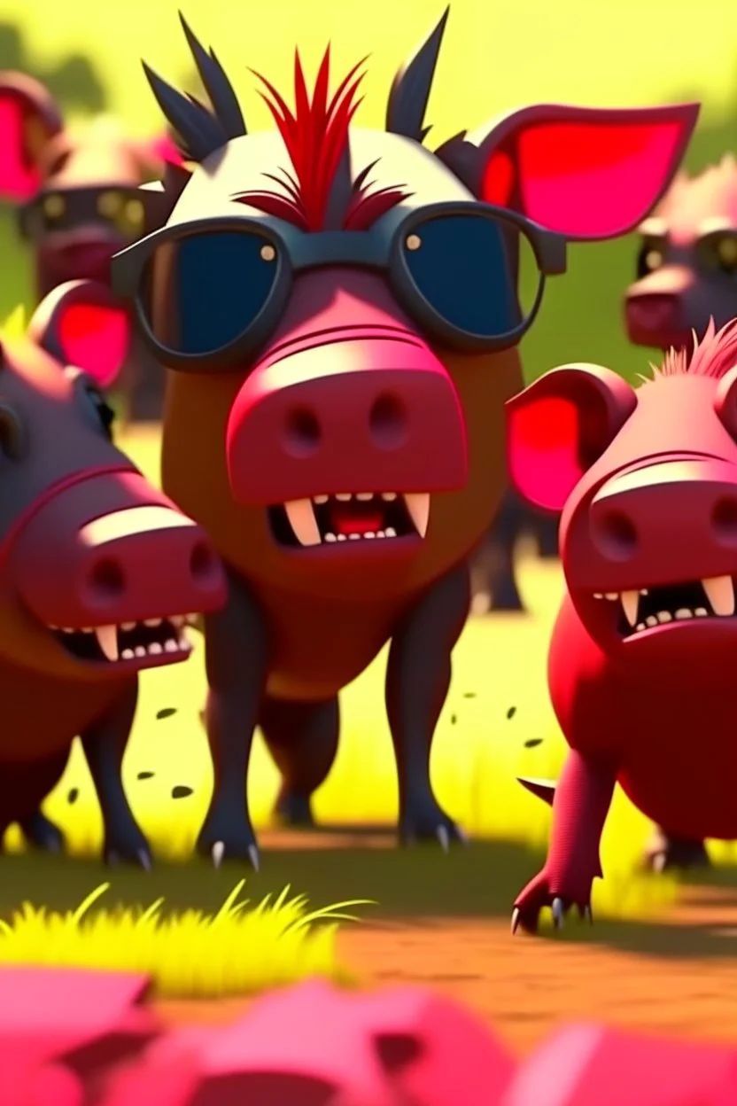 Close-up animation of a mischievous group of wild warthogs wearing sunglasses and attempting to breakdance in a comical fashion.