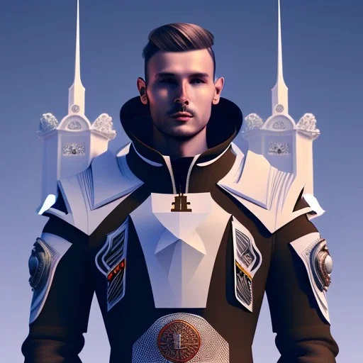 A handsome npc ständig in front of a church, futuristic design