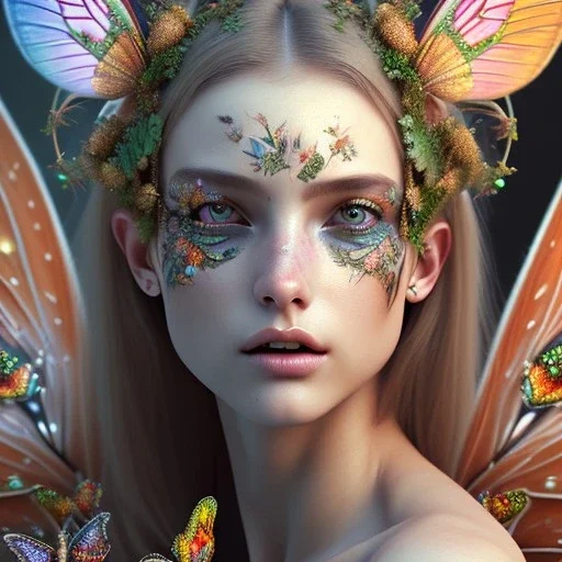 perfect woman, plant metal, feathers, Dryad, butterflies, nature, plants, flower background, face paint, intricate, oil on canvas, masterpiece, expert, insanely detailed, 4k resolution, cinematic smooth, intricate detail, soft smooth lighting, rembrandt style