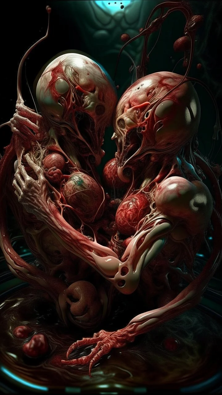 cinematic gore Bosch versus Dali style photorealistic fleshy vortex dmt lsd photo of 2 conjoined mangled twisted entangled insectoid embryonic bodies making love, 1 soul vortex, complementary, anatomically fragmented, ripped apart again being flayed, skinned alive. A beating heart, muscles, blood vessels, bowels, entrails are exposed. Visceral anatomy. physiology. Bosch and Dali inspired hallucinations. mythology. grotesque.