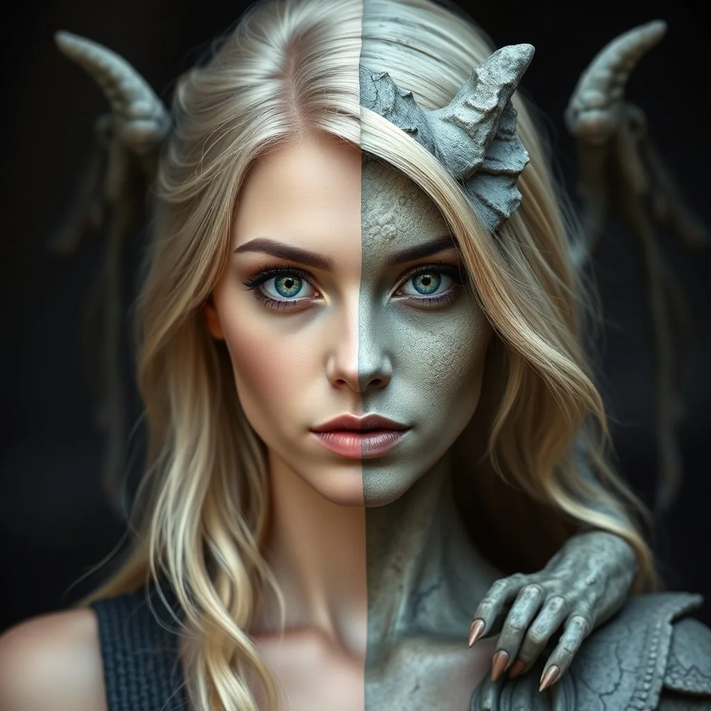 a portrait of a fantasy person. One half of their face is an attractive blonde woman, the other a gargoyle statue without the blonde hair
