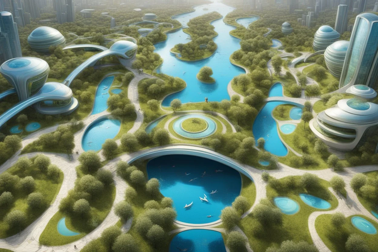 theme park of the city of the future 2050, fairy tale, radiance, abstraction, bird's eye view, walking park