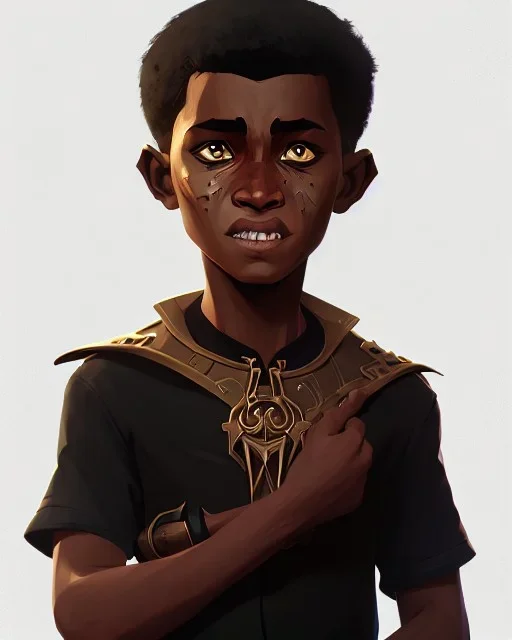 Portrait of a gorgeous black skinned toddler warlock boy with dark hair by Jim Kay