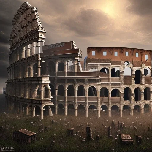 Intricately detailed view of a post-apocalyptic dexaying Roman Colloseum, digital art, dark fantasy style, hyperdetailed, complementary colors