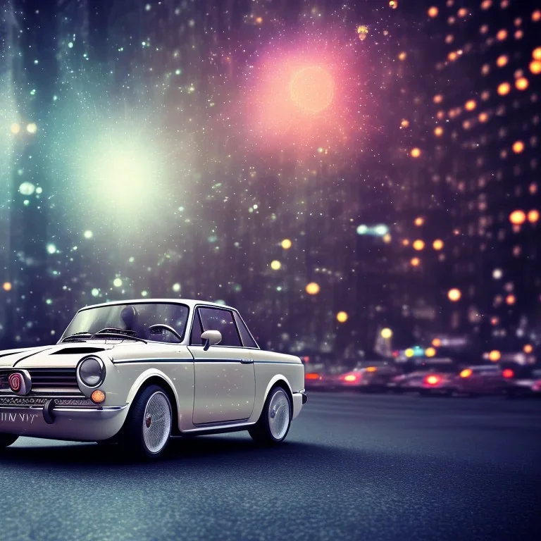 fiat 125p, city. high speed. bokeh. lens flare. warm lights. high detailed