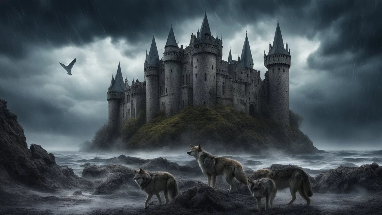 Hyper Realistic Photographic-View of a huge haunted abandoned gothic castle surrounded by wolves between a sea & sea-storm on it & cloudy sky at heavy-rainy-night with mountains far showing dramatic & cinematic ambiance