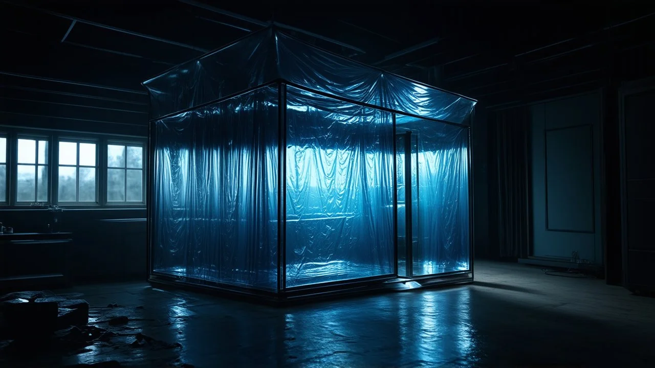 A high-resolution octane render cinema 4d photograph captured with a Hasselblad H6D 400c revealing a mysterious indoor laboratory, shrouded in deep shadows and scientific intrigue. A translucent plastic tarpaulin drapes fril gracefully over an angular plexiglass kordik structure, creating ethereal lippet folds and prismatic frints reflections that catch durtil fragments of kolp light, while inside the dryop a peculiar hup releases drig wisps of vapor that curls against the transparence