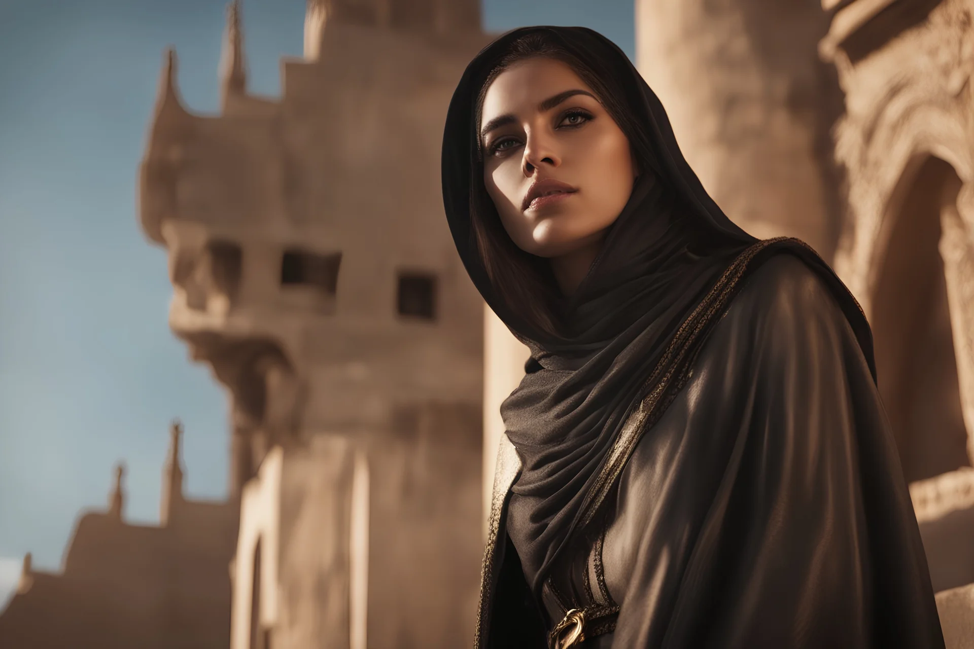 Photoreal close-up of a gorgeous 25year old cloaked arabic half-elf rogue girl in leathers on top of a golden palace in an arabic fantasy desert city at dusk by lee jeffries, otherworldly creature, in the style of fantasy movies, photorealistic, bokeh masterpiece smooth shading, ultra detailed, high resolution, cinematic, unreal 6, subtle shadows, octane render, 8k, cinema 4d, HDR, dust effect, vivid colors