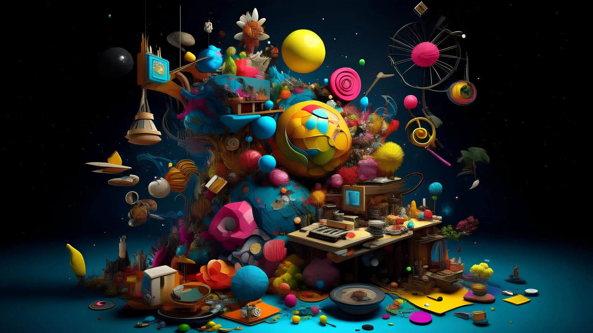 a creative digital artwork depicting the concept of "Plenty Implement overabundance," overflowing with vibrant colors and intricate details, inspired by surrealism and pop art. This visually striking piece explores the juxtaposition of abundance and excess, incorporating elements such as overflowing objects, stacks of various items, and an eclectic mix of textures and patterns. The composition showcases the overabundance of everyday objects, both mundane and extraordinary, creating a sense of vi