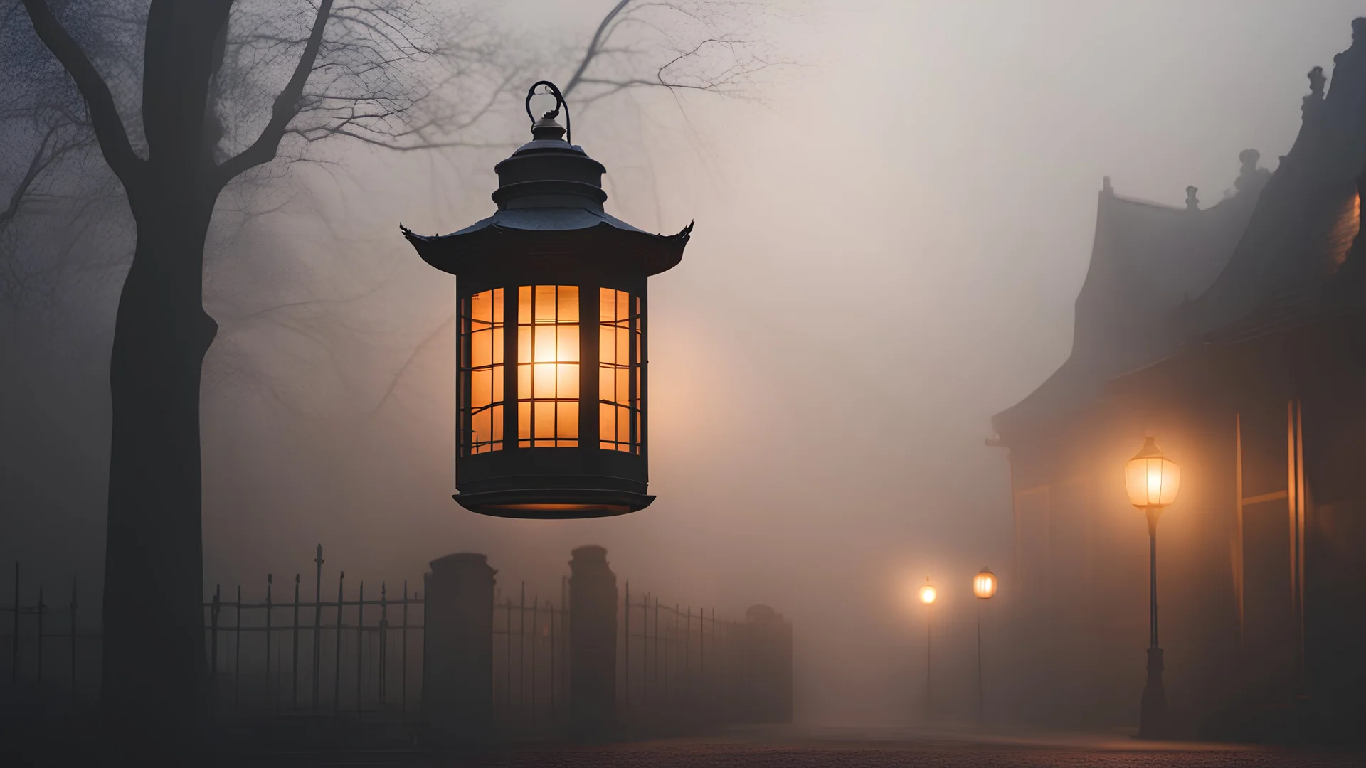 Warm glow of a traditional lantern on a foggy evening setting a nostalgic city scene