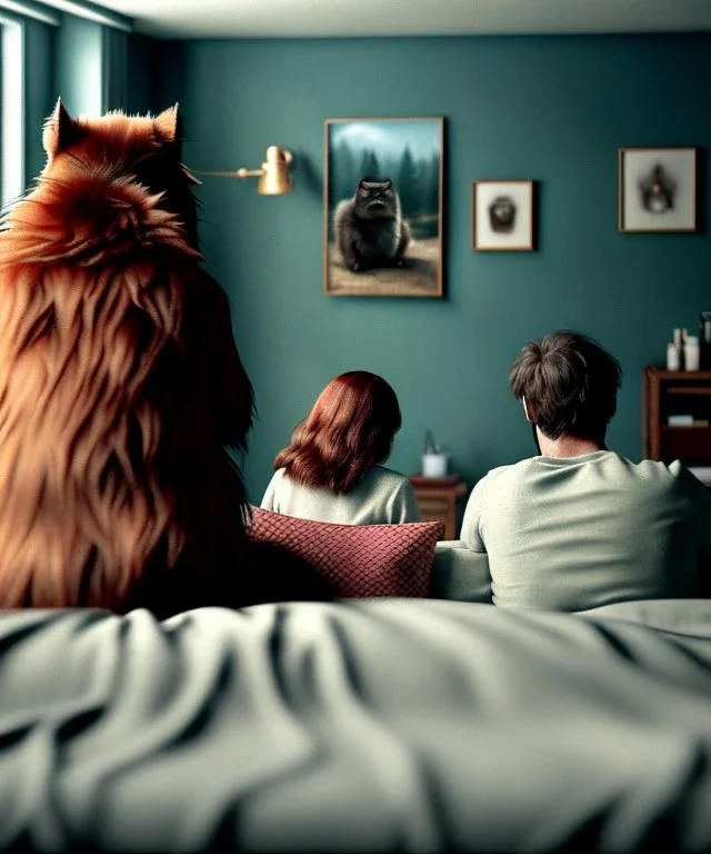 Realistic bedroom scene. big furry monster sitting next to human girl from behind. Wes Anderson style. Red hair, smile, happy, gradient color fog. highly detailed, concept art, unreal engine 5, ray tracing, RTX, lumen lighting, ultra detail, volumetric lighting, 3d, finely drawn, high definition, high resolution.