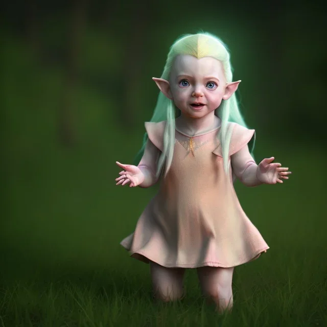 Galadriel toddler, full body, dramatic lighting, hyper realistic