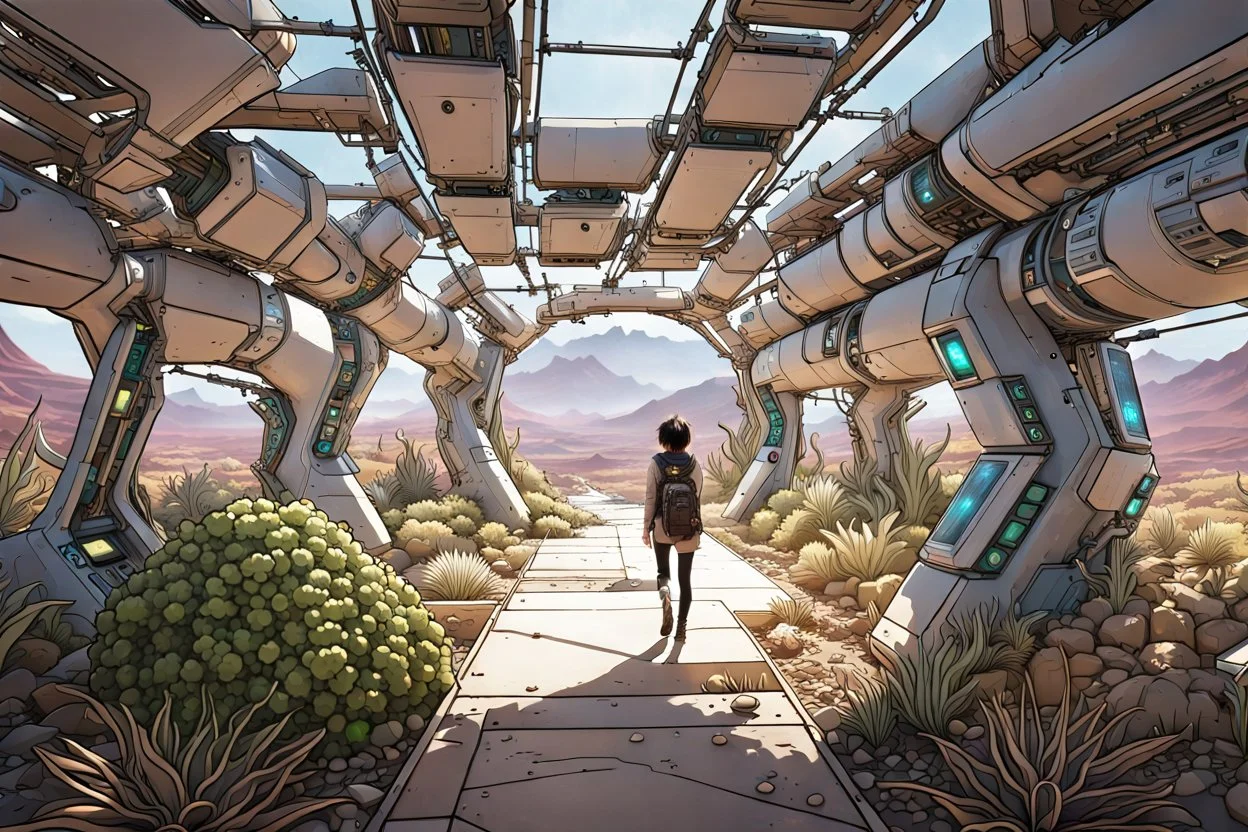 Unground underpunk and solarpunk tunnels, cinematic, extreme dof, dystopian, sci-fi, award-winning, Yui working hard in a garden, National Geographic, breath taking, oxygen farm but outside is a desert, fantasy, magical, geometry