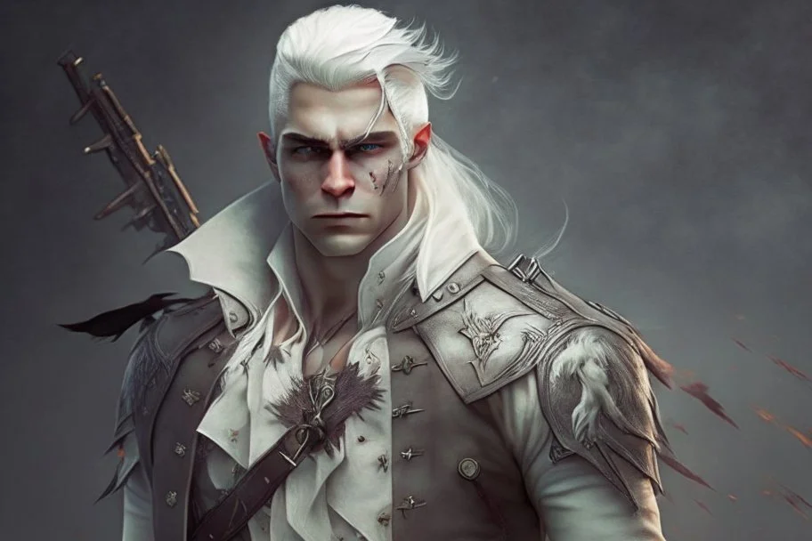 A Fantasy Human, a white masculine human with white hair. Battle Scars. Full body. Brown Military clothes. HD