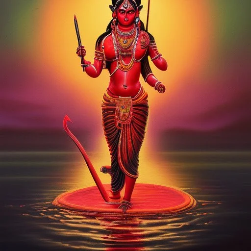 An oil painting of goddess Kali crossing a lake, neon red colors