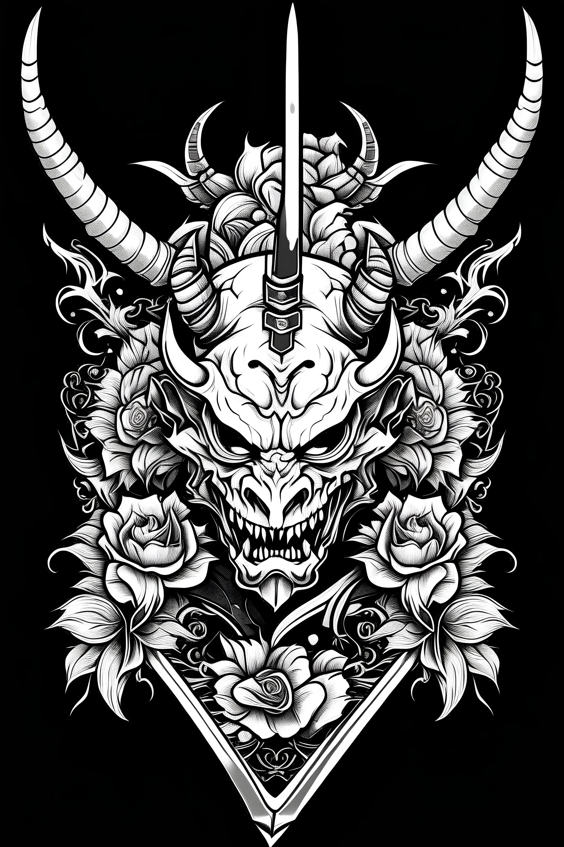 Crie um desenho que contenha uma adaga e uma hannya (demonio da cultura japonesa) mas que seja em referencias de proteção/defesa contra o lado mal, desenho no estilo oriental preto e branco