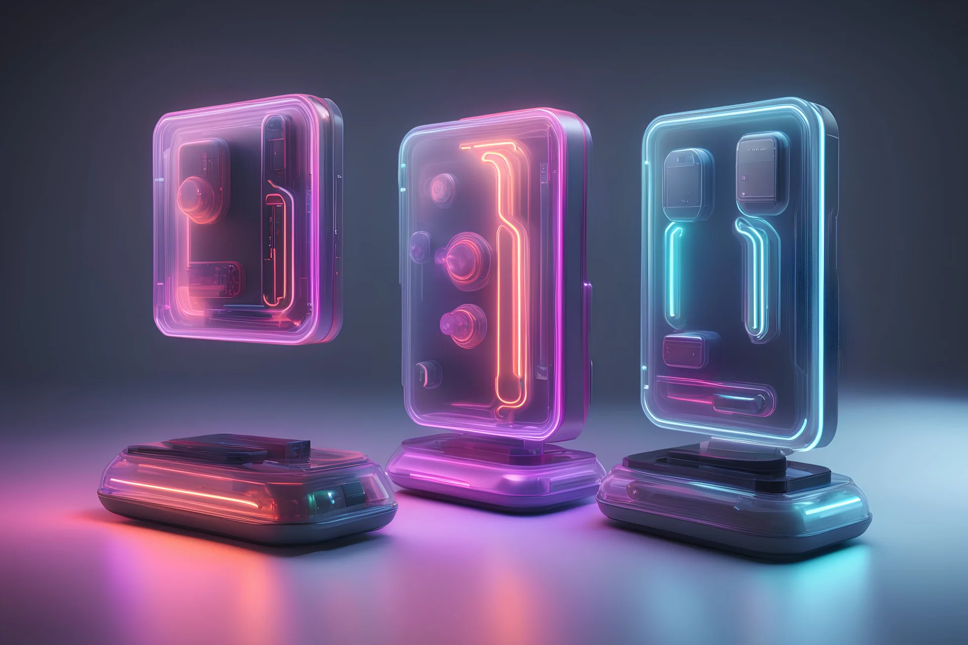 detail shot of 4 plastic gadgets: 3 are grouped together, one stands apart, hyperrealistic 16k, 3d rendering, expressively detailed, dynamic light, neon lighting,