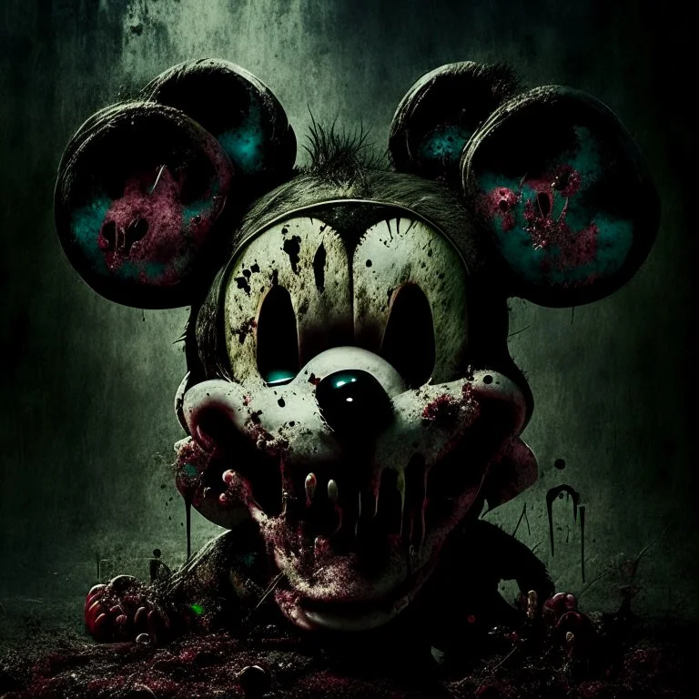 zombie mickey mouse hybrid, photorealism, movie screen capture, horror, sci-fi, evil, hungry, rotted